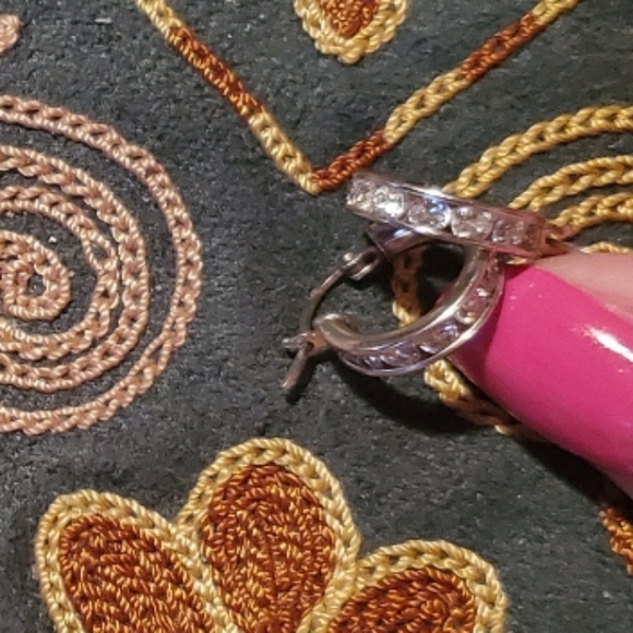 Solid 14KT White Gold & White Sapphire Hoop Earrings - Picture 2 of 14